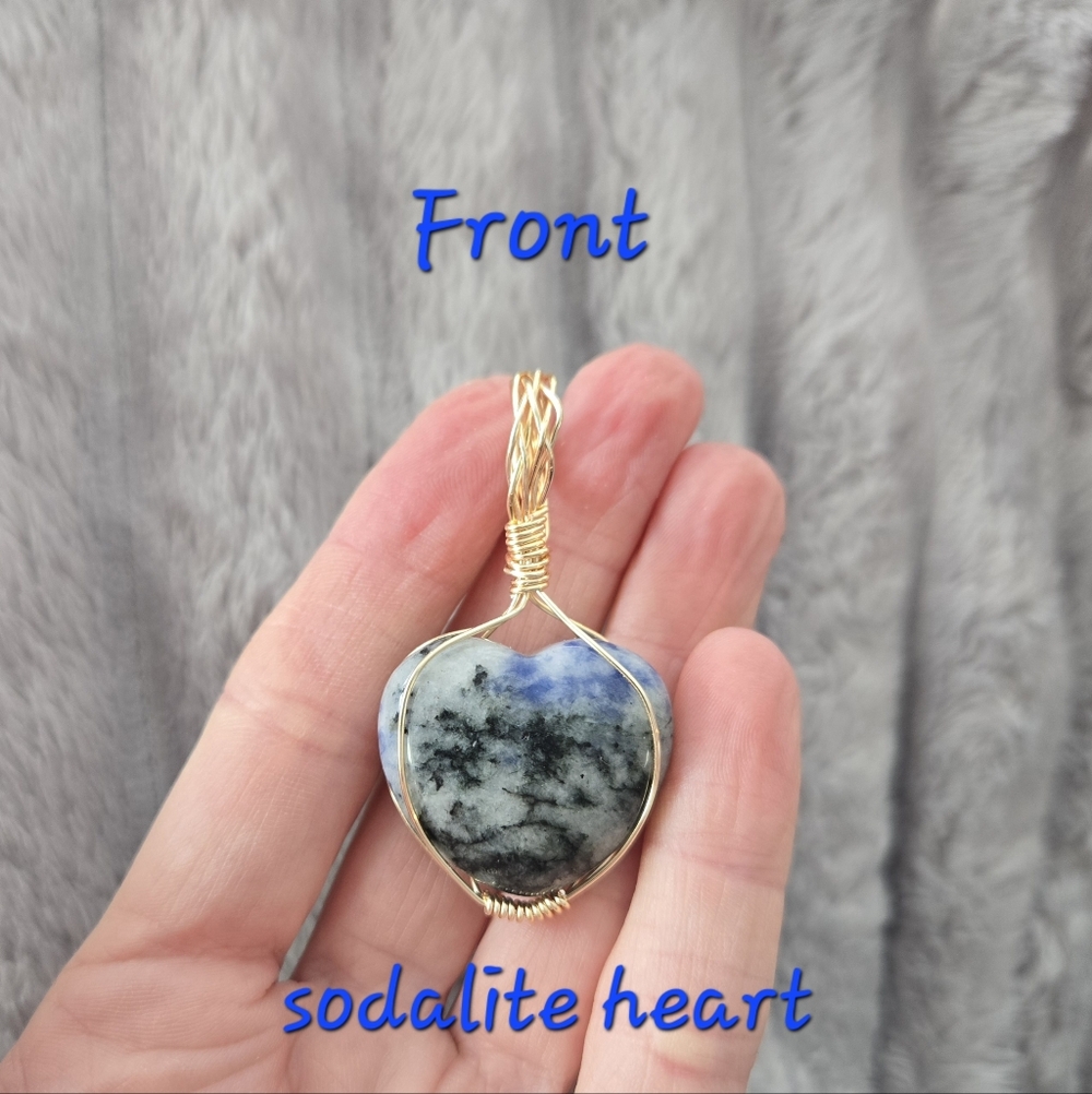 Natural Blue Sodalite Stone Heart With Gold Wire Wrap Braided Pendant Handmade